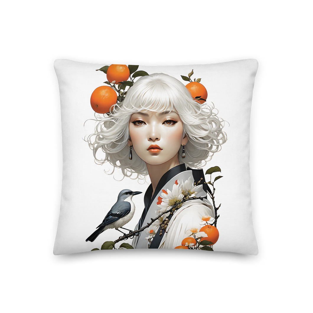 Oriental Lady with Orange and Bird Premium Pillow