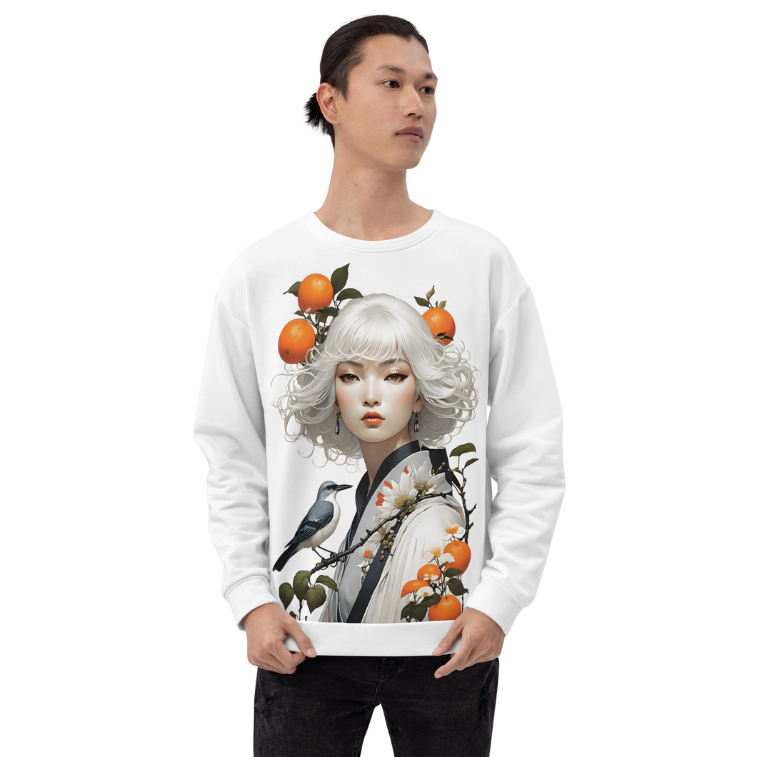 Oriental Lady with Orange and Bird All-Over Print Unisex Sweatshirt