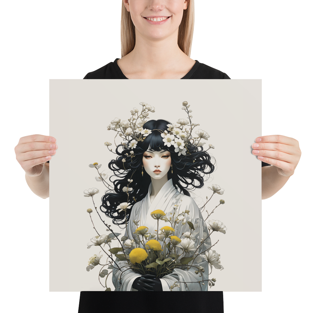 Oriental Lady with Yellow Flowers Poster Print Art