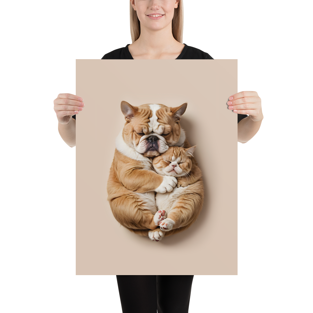 Cute Baby Cat and Dog Sleep Poster Print Art