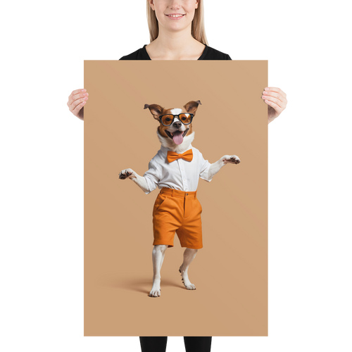 Happy Dancing Dog Beige Poster Print Art