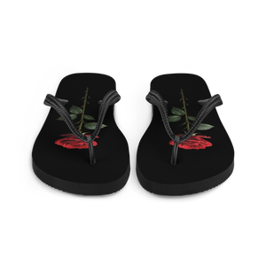 Red Rose on Black Flip Flops