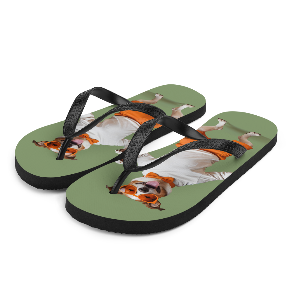 Funny Dancing Dog Green Flip Flops