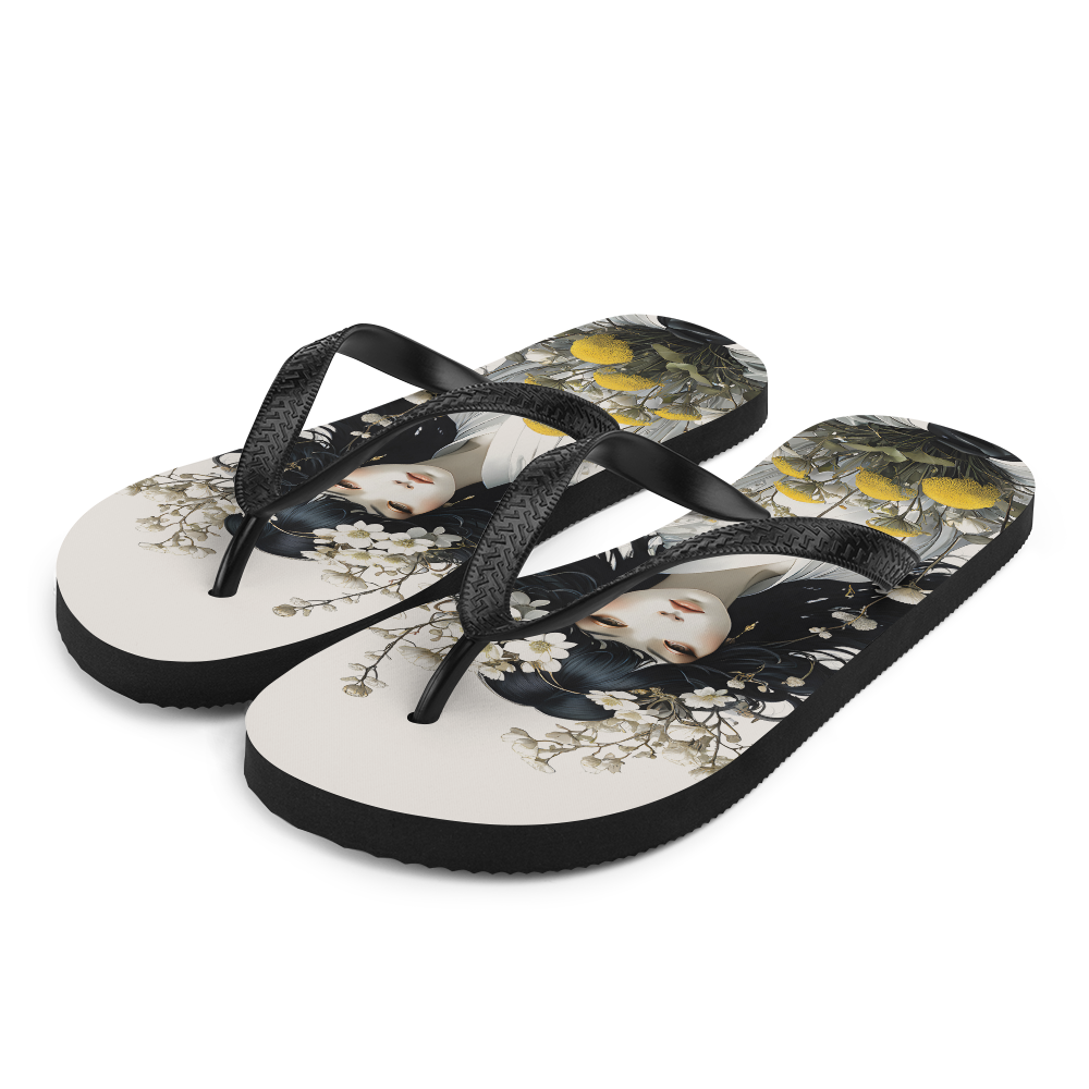 Oriental Lady with Yellow Flowers Flip Flops