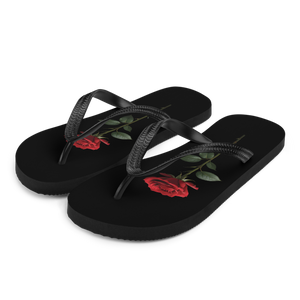 Red Rose on Black Flip Flops