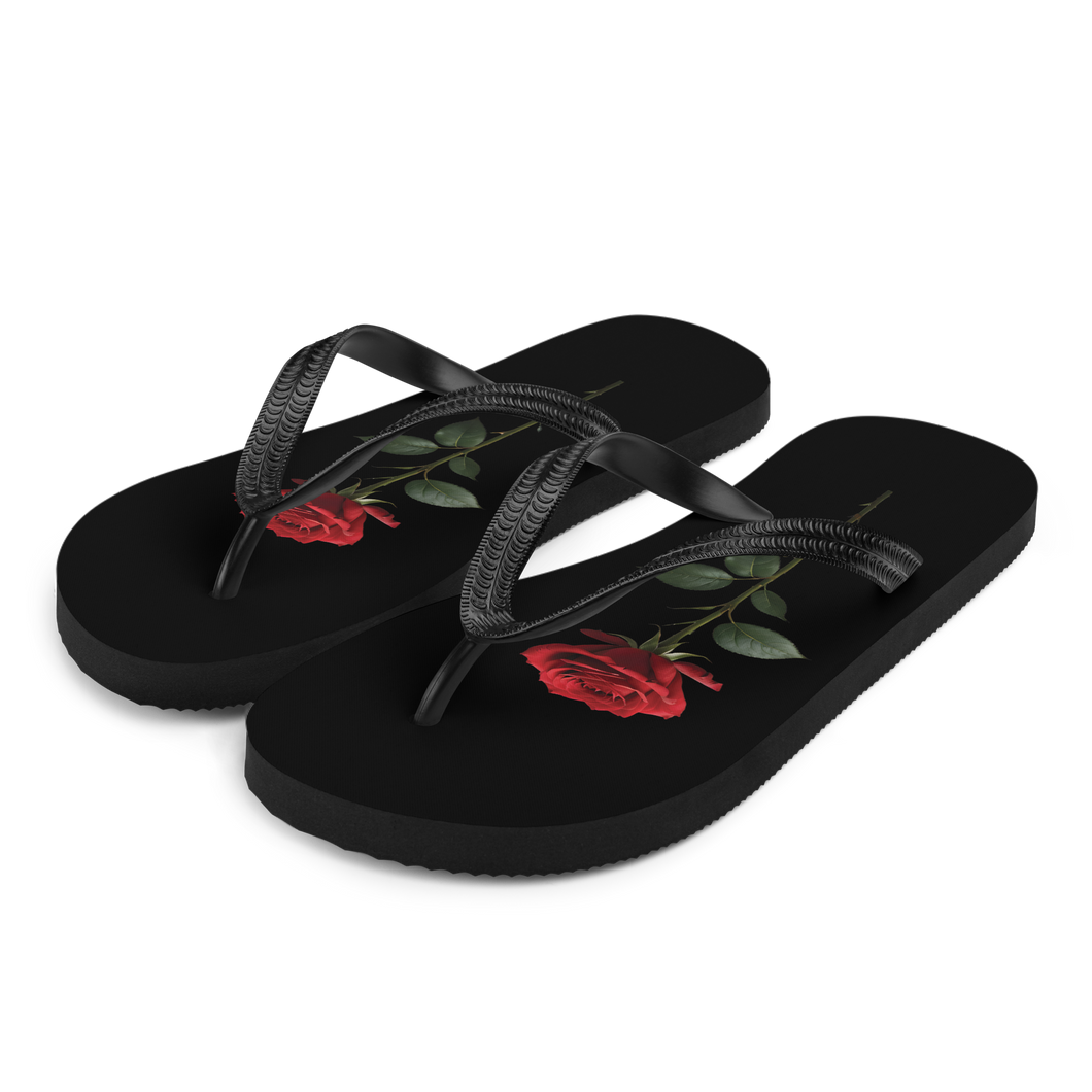 Red Rose on Black Flip Flops