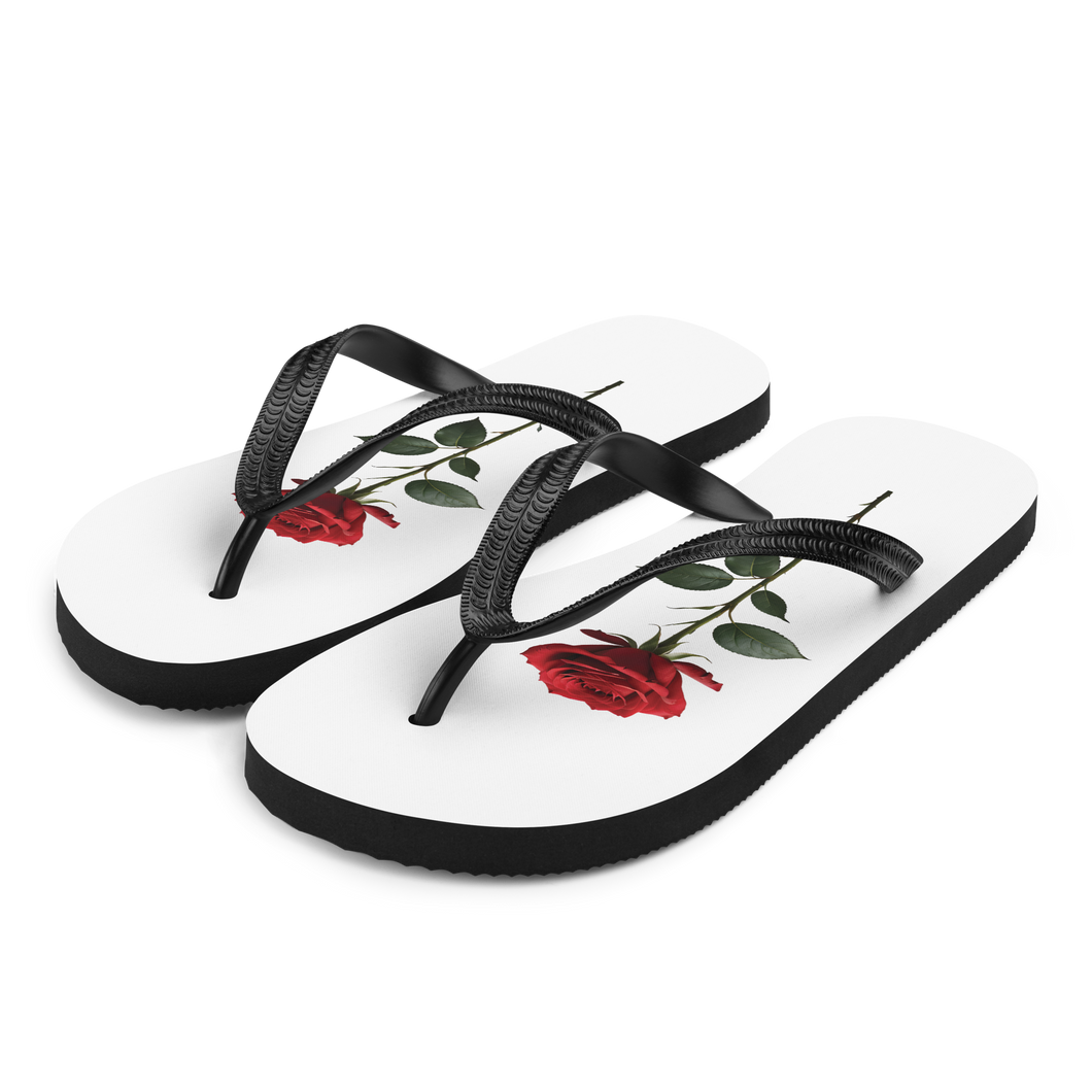 Red Rose on White Flip Flops