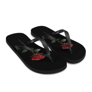 Red Rose on Black Flip Flops