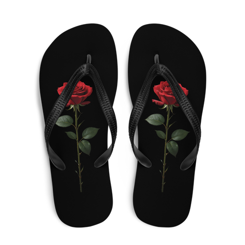 Red Rose on Black Flip Flops