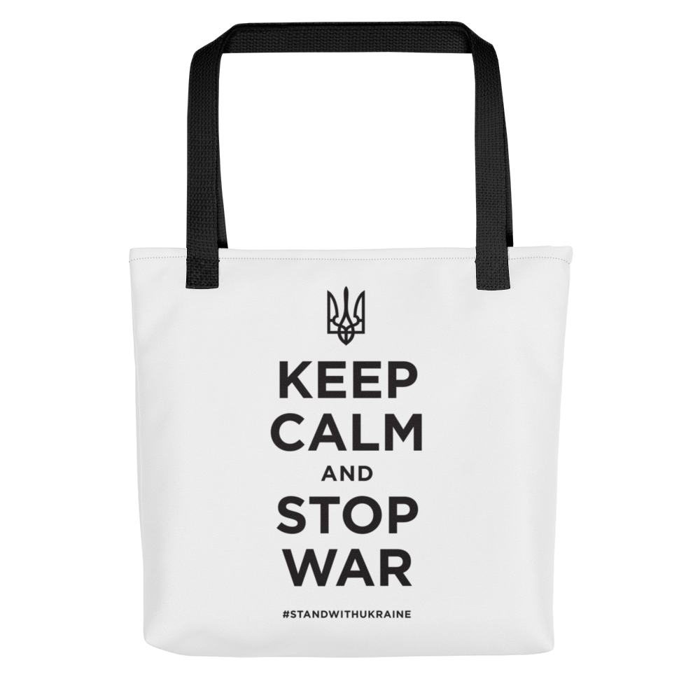 Default Title Keep Calm and Stop War (Support Ukraine) Black Print Tote Bag by Design Express