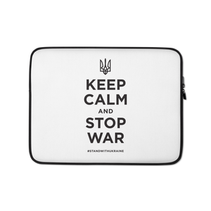 13″ Keep Calm and Stop War (Support Ukraine) Black Print White Laptop Sleeve by Design Express