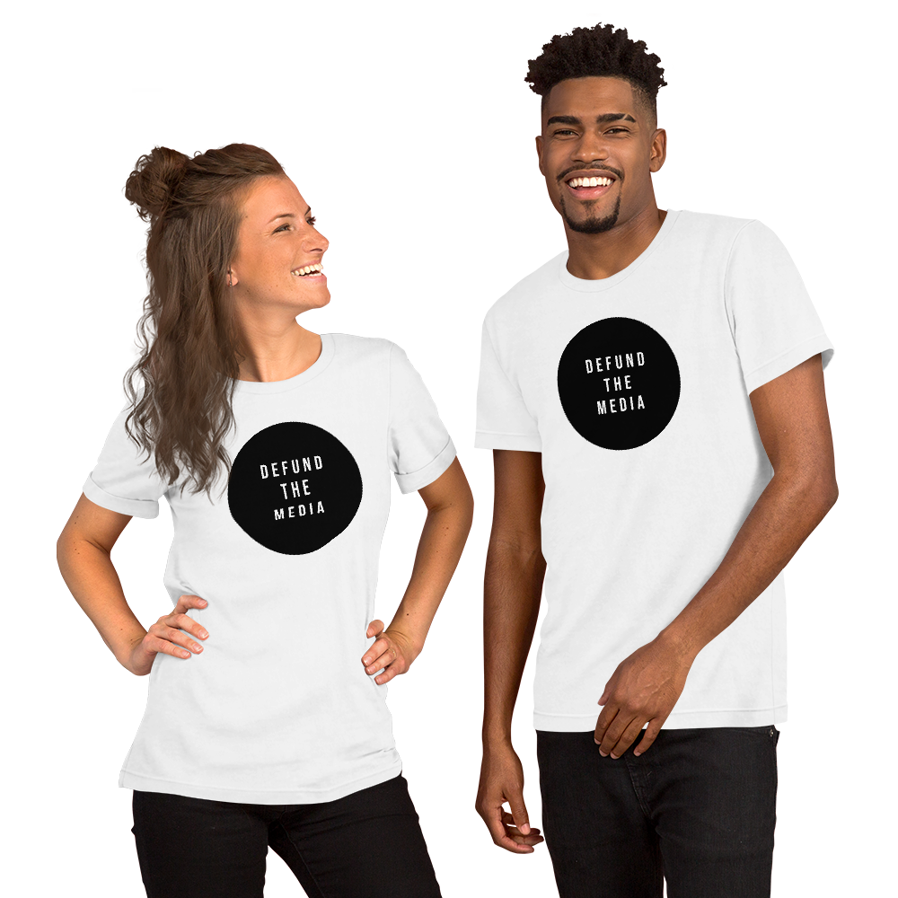 XS Defund The Media Circle Unisex White T-Shirt by Design Express