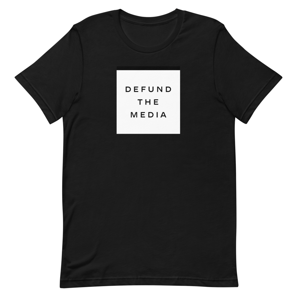 XS Defund The Media Square Unisex Black T-Shirt by Design Express