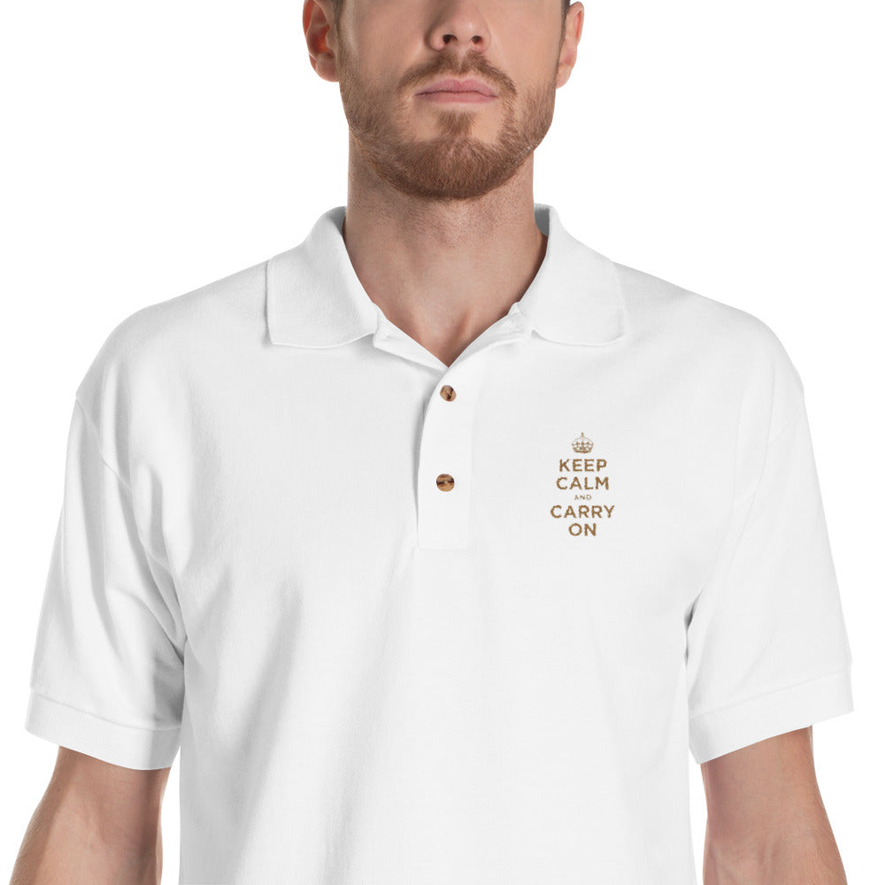 White / S Keep Calm and Carry On (Gold Embroidered) Polo Shirt by Design Express