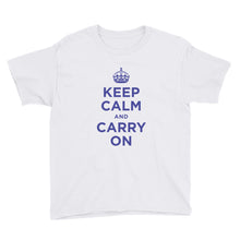 White / XS Keep Calm and Carry On (Navy Blue) Youth Short Sleeve T-Shirt by Design Express