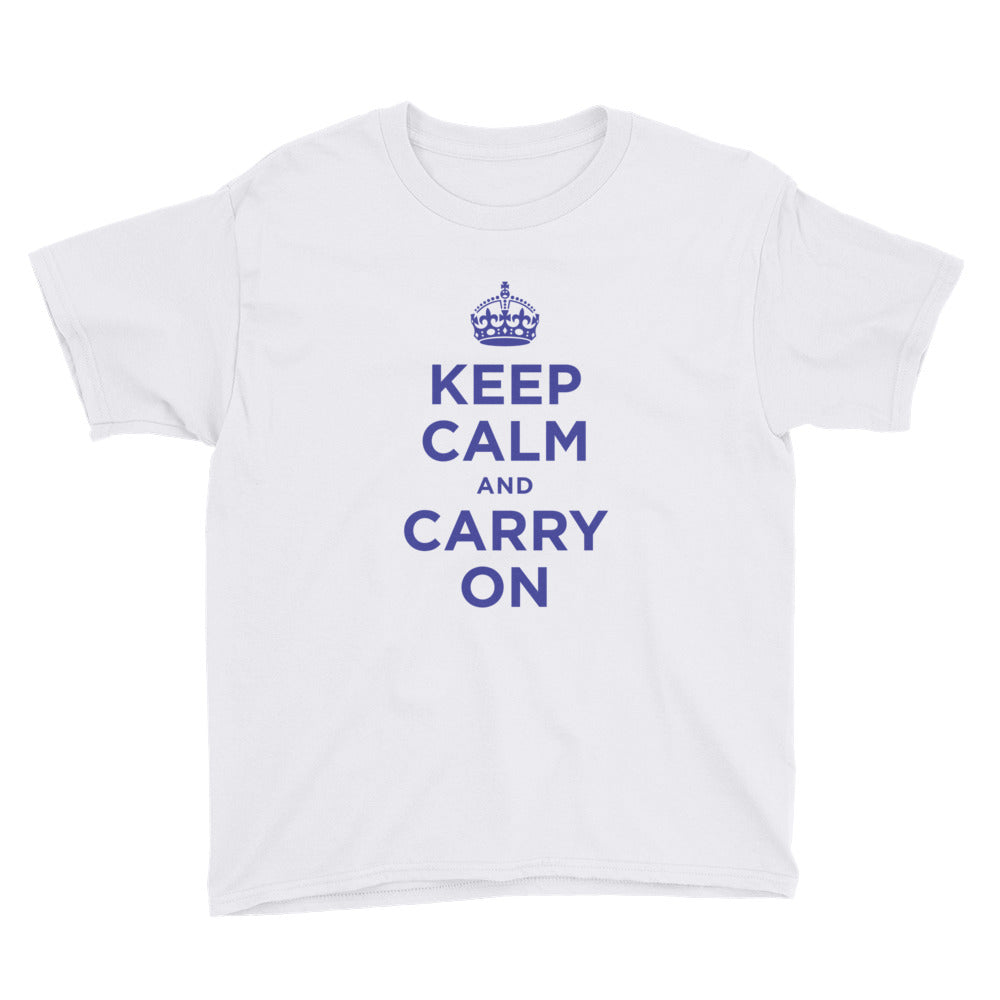 White / XS Keep Calm and Carry On (Navy Blue) Youth Short Sleeve T-Shirt by Design Express