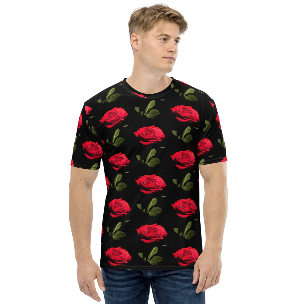 XS Red Rose on Black Men's T-shirt by Design Express