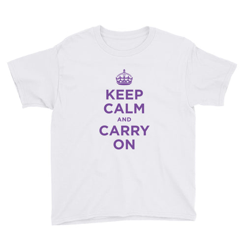 White / XS Keep Calm and Carry On (Purple) Youth Short Sleeve T-Shirt by Design Express