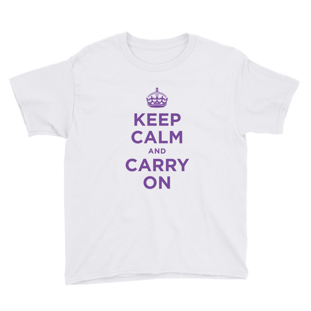 White / XS Keep Calm and Carry On (Purple) Youth Short Sleeve T-Shirt by Design Express