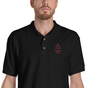 Black / S Keep Calm and Carry On (Red Embroidered) Polo Shirt by Design Express