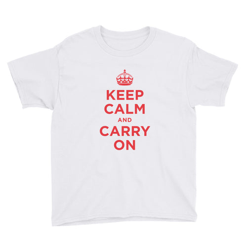 White / XS Keep Calm and Carry On (Red) Youth Short Sleeve T-Shirt by Design Express