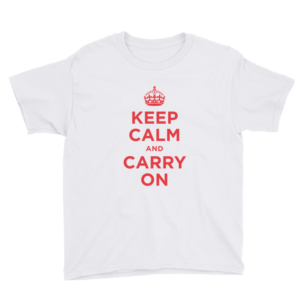 White / XS Keep Calm and Carry On (Red) Youth Short Sleeve T-Shirt by Design Express