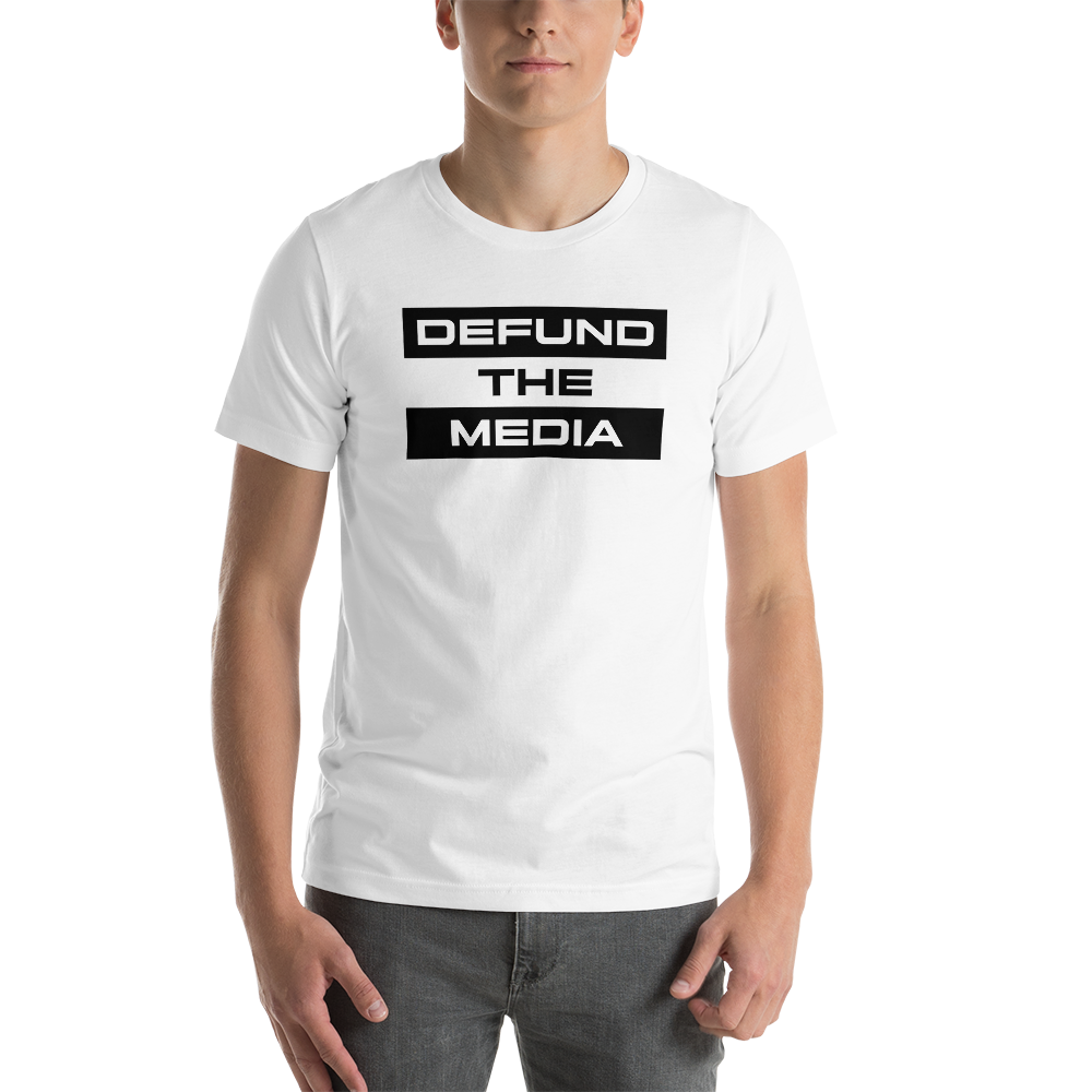 XS Defund The Media Extended Unisex White T-Shirt by Design Express