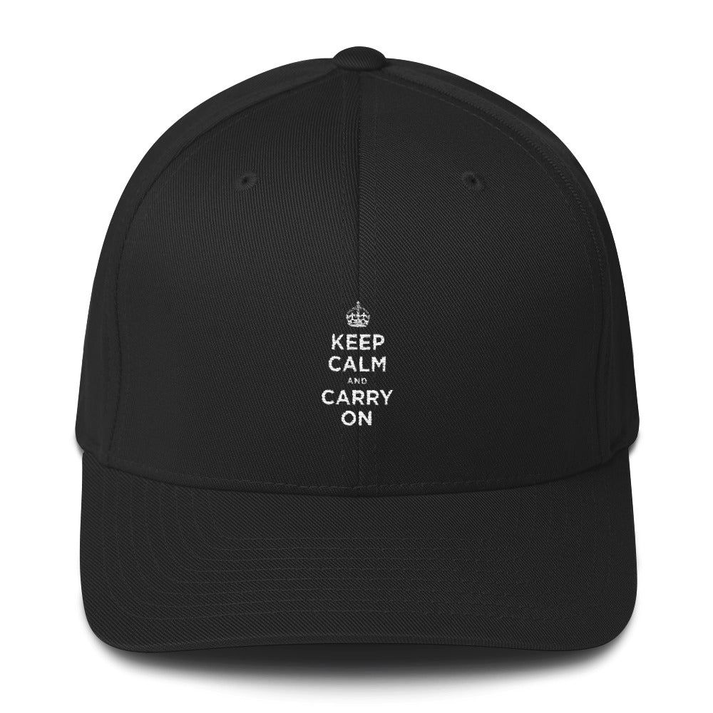 Black / S/M Keep Calm and Carry On (White) Structured Twill Cap by Design Express