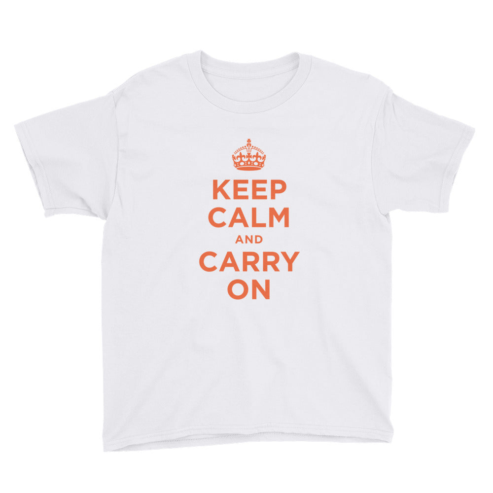 White / XS Keep Calm and Carry On (Orange) Youth Short Sleeve T-Shirt by Design Express