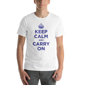 White / XS Keep Calm and Carry On (Navy Blue) Short-Sleeve Unisex T-Shirt by Design Express