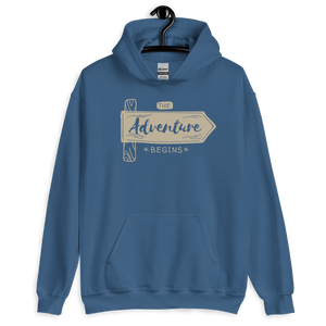 Indigo Blue / S the Adventure Begin Unisex Hoodie by Design Express