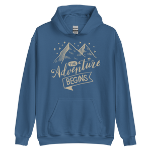 Indigo Blue / S The Adventure Begins Unisex Hoodie by Design Express