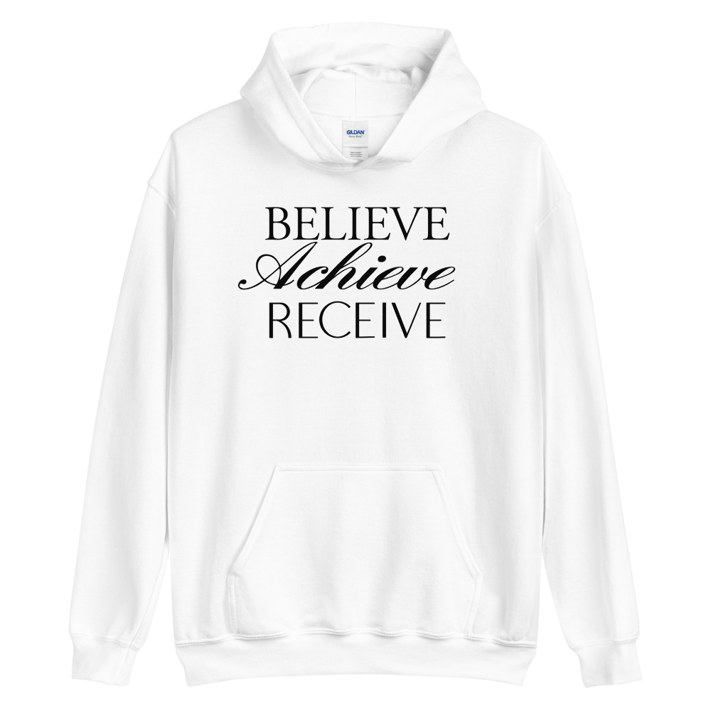 S Believe Achieve Receieve Unisex White Hoodie by Design Express