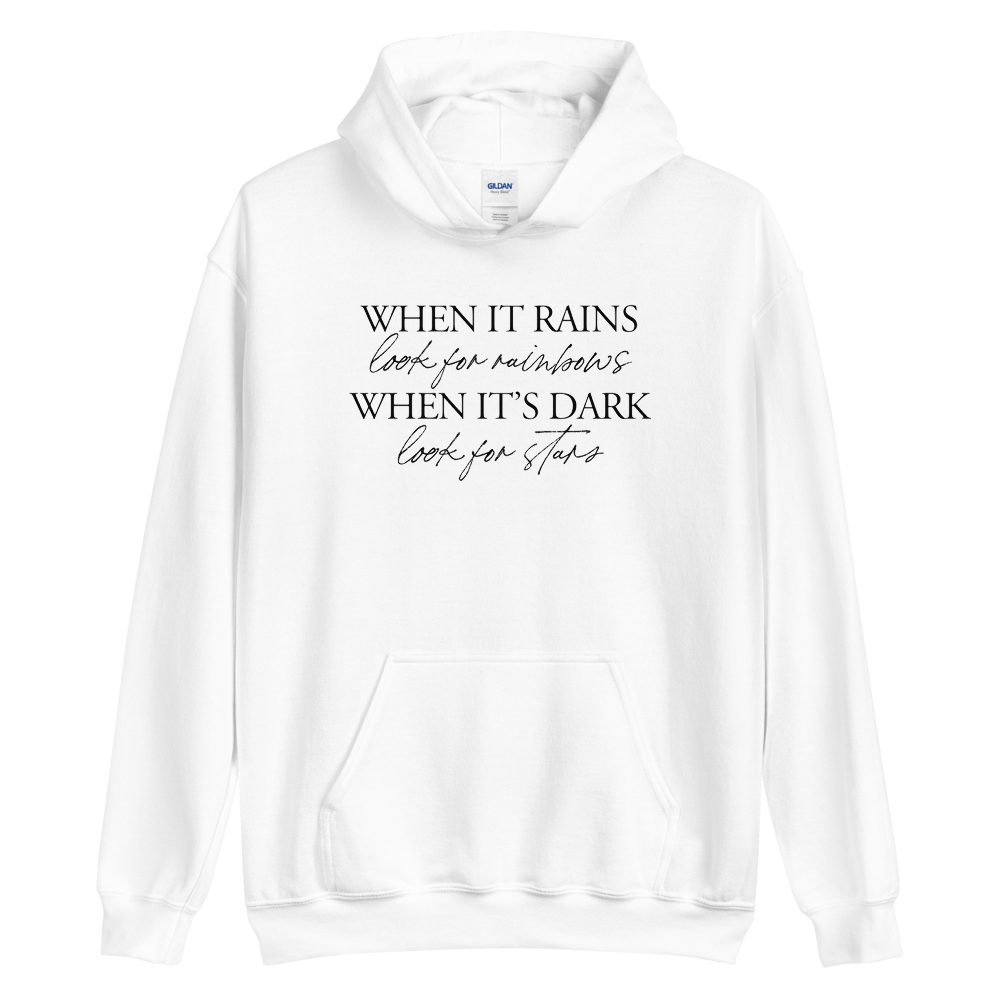 S When it rains, look for rainbows (Quotes) Unisex White Hoodie by Design Express