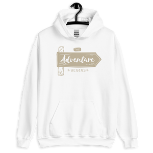 White / S the Adventure Begin Unisex Hoodie by Design Express