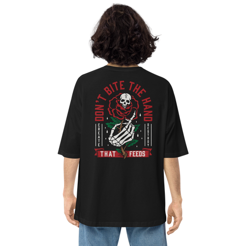 Black / S Don't Bite The Hand That Feeds Back Unisex Oversized T-Shirt by Design Express