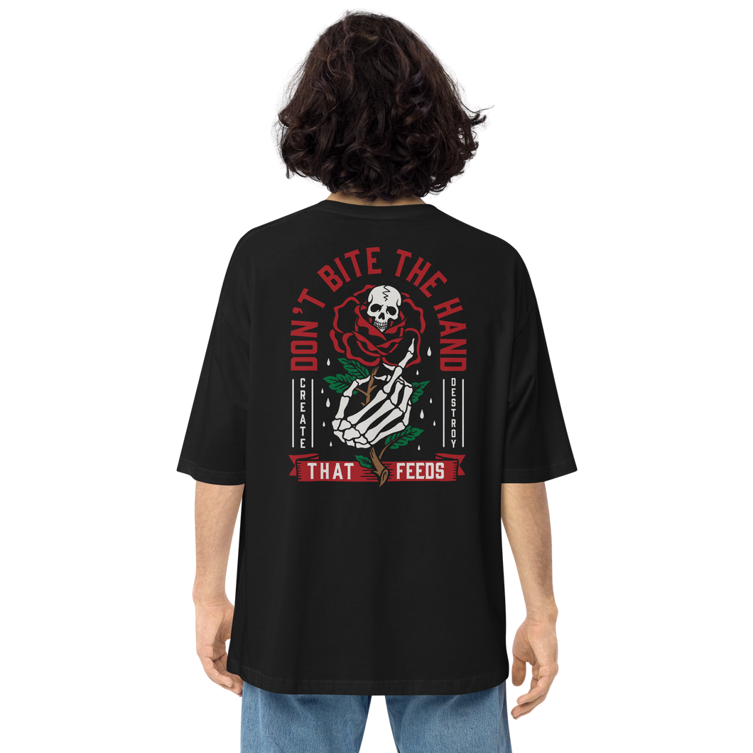 Black / S Don't Bite The Hand That Feeds Back Unisex Oversized T-Shirt by Design Express