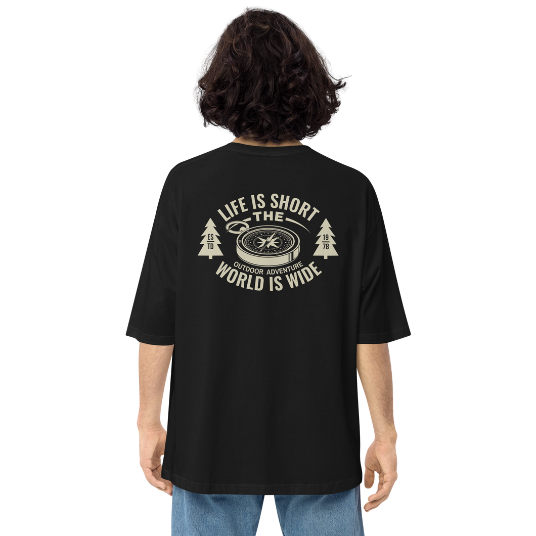 Black / S Life Is Short, World is Wide Back Unisex Oversized T-Shirt by Design Express