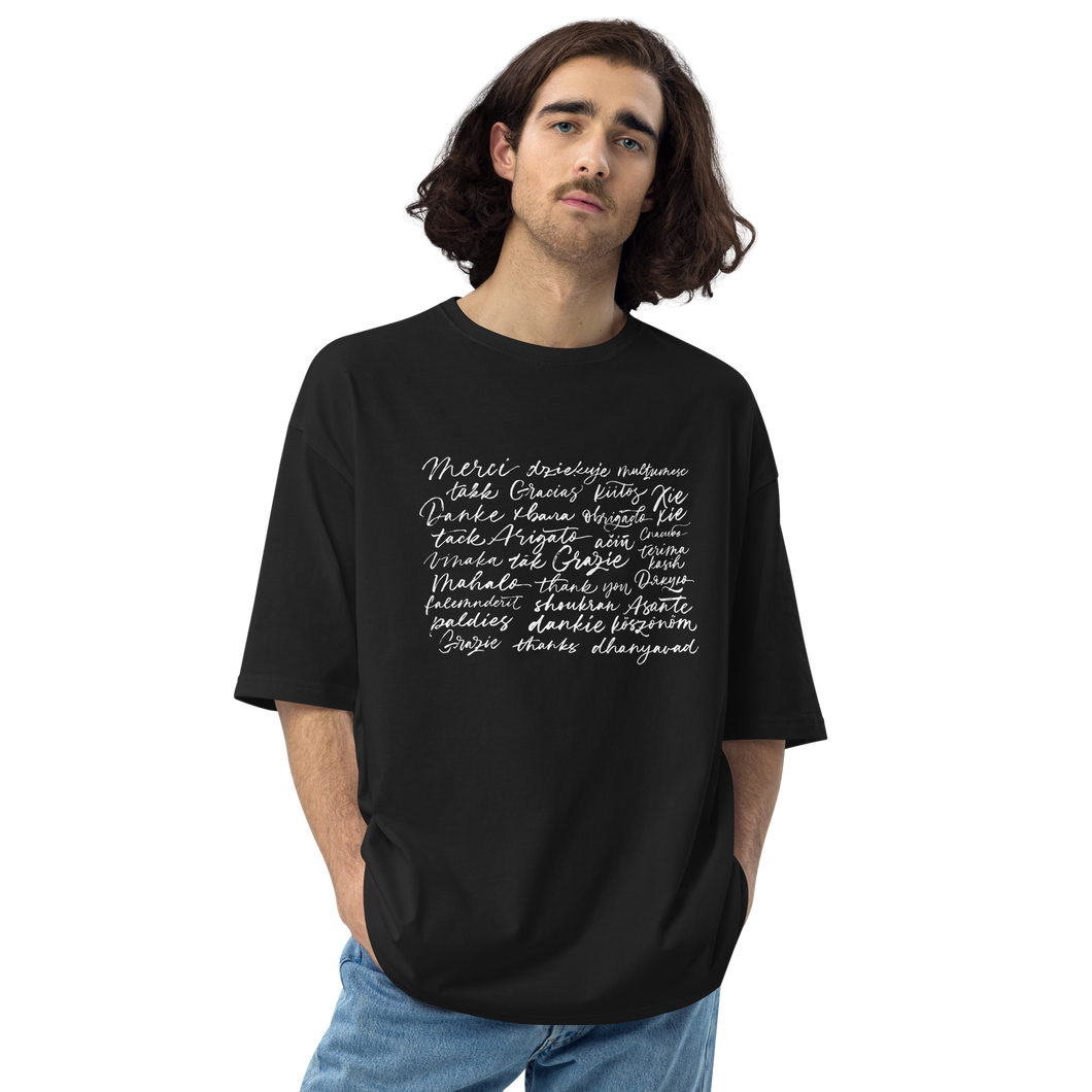 Black / S Thank You Various Language Unisex Oversized T-Shirt by Design Express