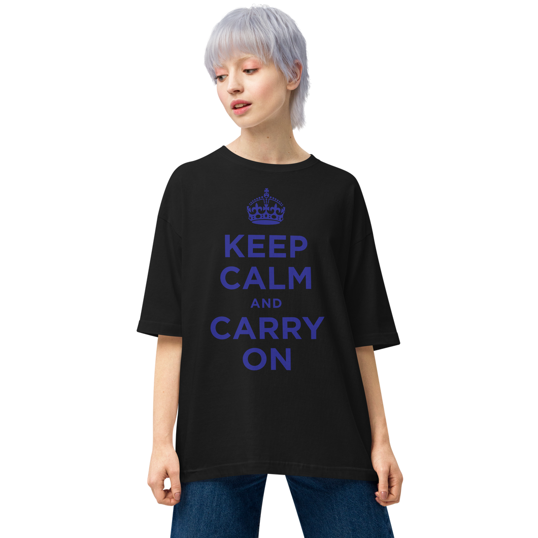 Black / S Keep Calm and Carry On Blue Unisex Oversized T-Shirt by Design Express