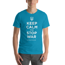 Aqua / S Keep Calm and Stop War (Support Ukraine) White Print Short-Sleeve Unisex T-Shirt by Design Express