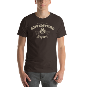 Brown / S Travel More Adventure Begins Unisex T-Shirt by Design Express