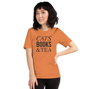 Burnt Orange / XS Cats Books Tea (Cat lover) Funny Unisex T-Shirt by Design Express