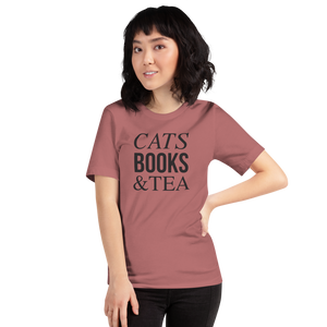 Mauve / S Cats Books Tea (Cat lover) Funny Unisex T-Shirt by Design Express