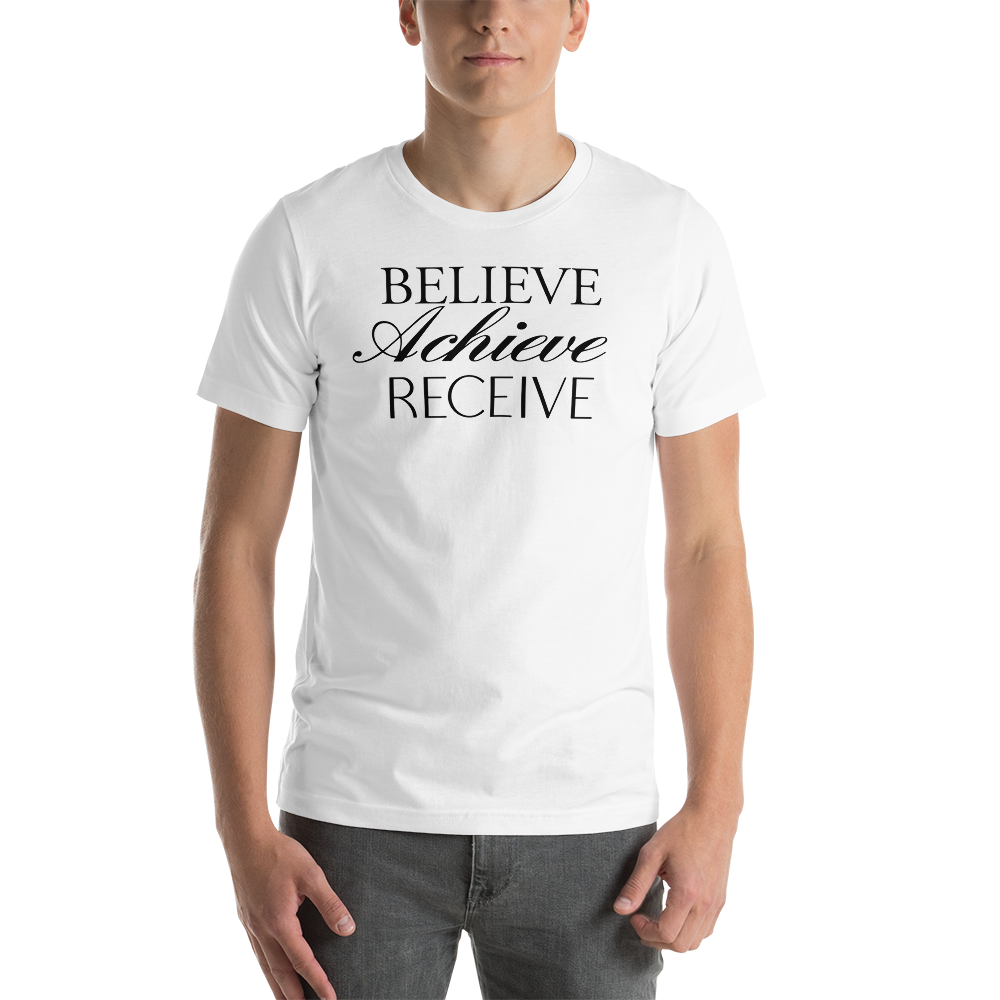 XS Believe Achieve Receieve Short-Sleeve Unisex White T-Shirt by Design Express